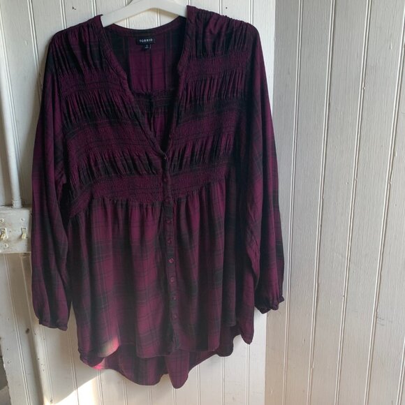 Torrid Purple Black Plaid V neck Shirred Balloon Sleeve Tunic Grunge Milly - 3 - Picture 4 of 13